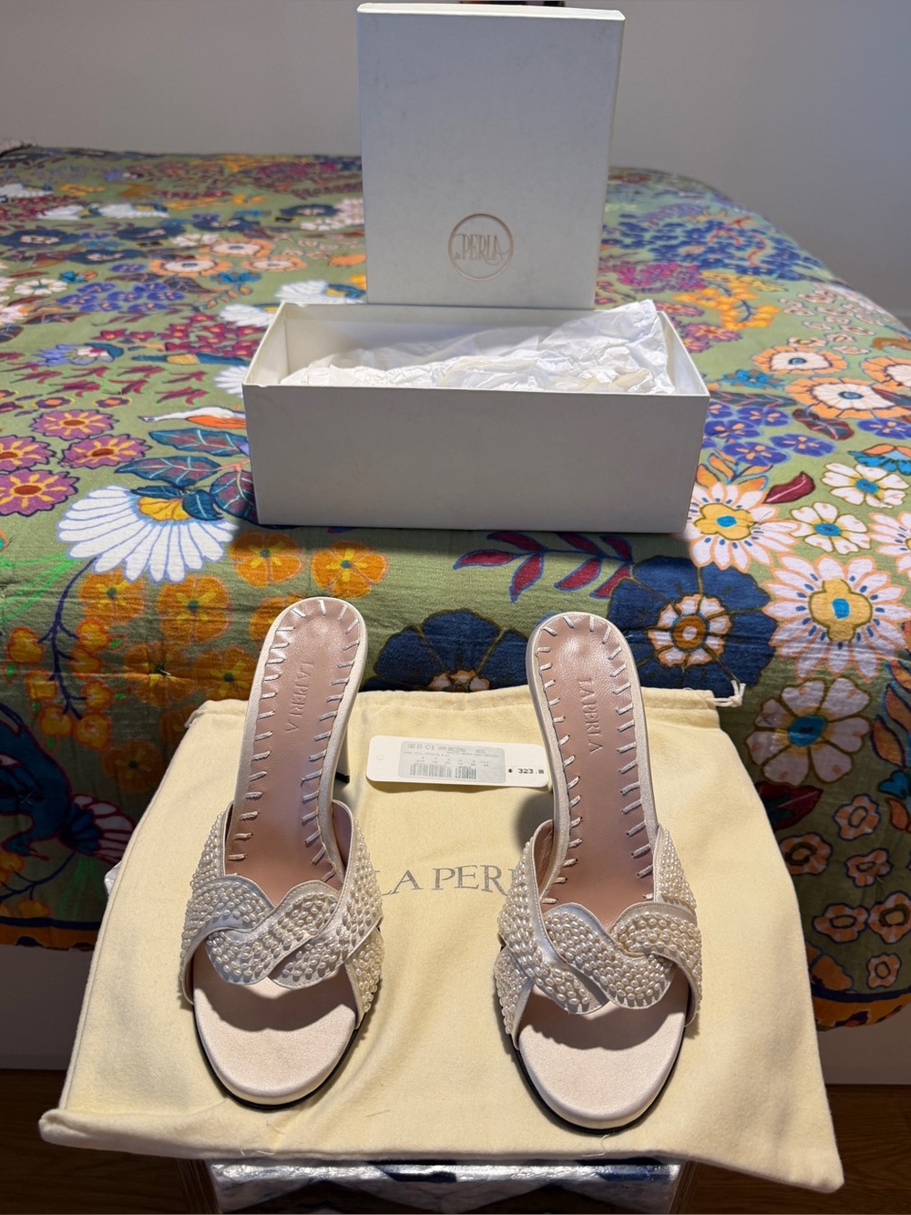 Vintage La Perla Ivory Pearl-Embellished Slide Heels - Picture 2 of 15